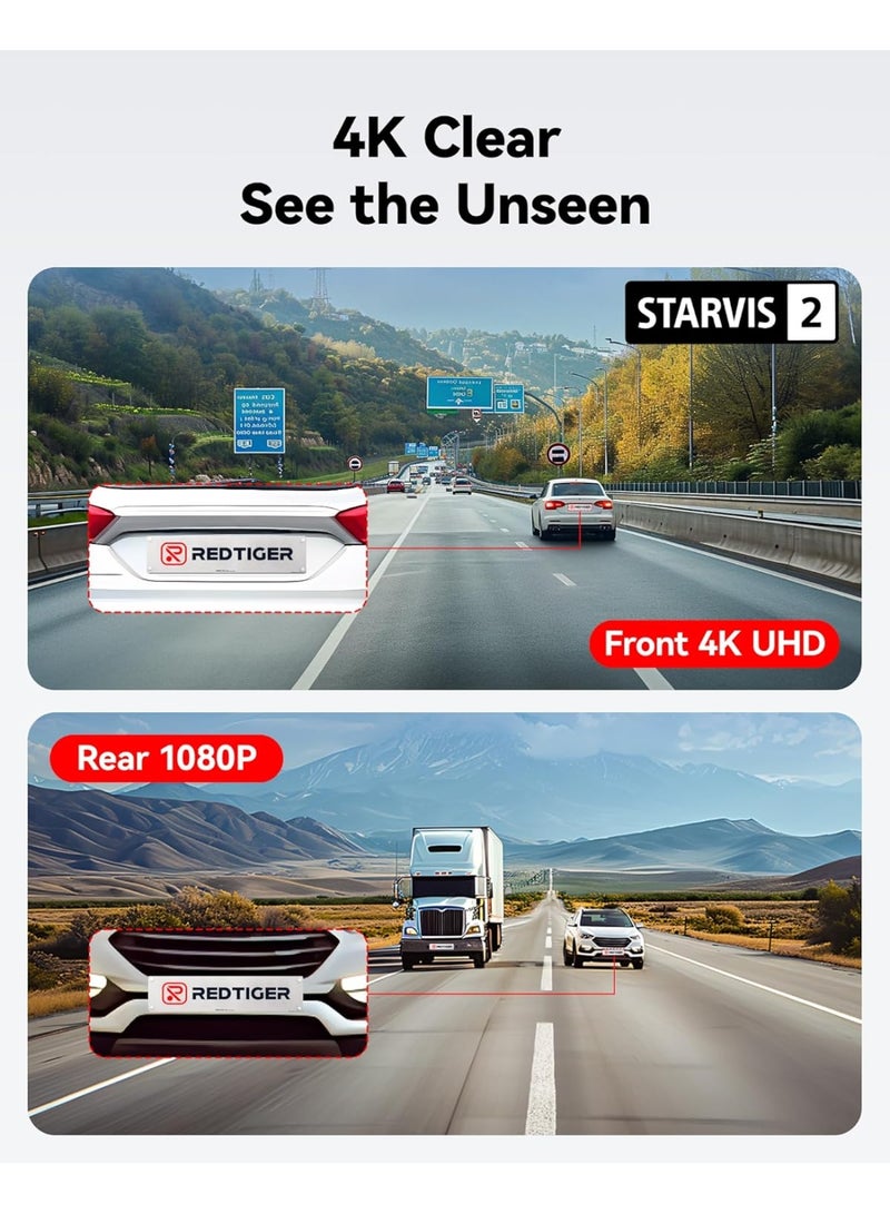 ريد تايجر كاميرا تابلوه امامية وخلفية 4K من اف 7 ان بي، كاميرا مزدوجة للسيارة للرؤية الليلية، واي فاي مدمج، بطاقة 32GB، شاشة IPS 3.2 انش، رؤية واسعة 170 درجة، WDR، شاشة وقوف السيارات 24 ساعة - Image 2